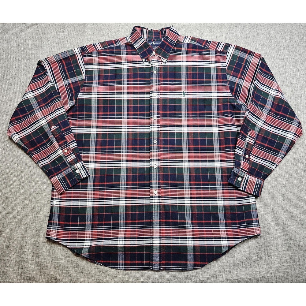 Ralph Lauren Shirt Mens XL Red Green‎ Plaid Button Down 100% Cotton Casual